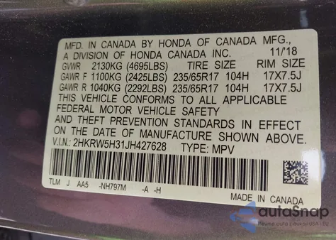 2018 Honda Cr-V Lx из США, поврежденный, VIN 2HKRW5H31JH427628